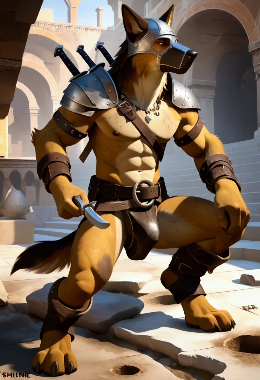 Solo Sexy anthro furry german shepherd male; ancient Mediterranean desert warrior; slim mesomorph handsome model apperance apperance; anthro muzzle head shape leather helmet mask with eye holes; anthro muzzle head shape leather helmet mask with eye holes, anthro muzzle head shape leather helmet mask with eye holes, sword scars; worn out rusty sexy skimpy armament. He has low on hips heavy leather studded heavy belt. he has narrow in the crotch very old worn out bulgy tigh worn leather jockstrap (smelly jockstrap fetish); His worn jockstrap jockstrap it is made of old brown worn out matte leather sewn together from a few pieces, it has never been washed, it is dirty and has stains from secretions of dried semen and sweat; His armor is old heavy brown harness with armlets studded with spikes; rusty old skimpy breatsplate armor, he has old brown leather BFR Bands on Biceps and his thighs, he has old worn out fingerless leather gloves. His armor is in ruin, it is very very old and dirty, rusted, dirty, old worn out, rusty breastplate. Even though he is a handsome and sexy man, he has a sloppy appearance, has disheveled unwashed dirty fur, dirty body look. he smells, he has stains from old blood, dirst, cum, mud, smelly furr, disgusting bastard looking. He stands proudly bravely in the Mediterranean sunny pine forest; he stands upright, furious, with his sword raised in a ready-to-fight position, he holds a sword in his right paw, ready for incoming fight; he has a proud, threatening and defiant expression on his face, with little dirty dangerous smile, He has low on hips heavy leather studded heavy belt. he has narrow in the crotch very old worn out bulgy tigh worn leather jockstrap (smelly jockstrap fetish); His worn jockstrap jockstrap it is made of old brown worn out matte leather sewn together from a few pieces, it has never been washed, it is dirty and has stains from secretions of dried semen and sweat;, He has low on hips heavy leather studded heavy belt. he has 