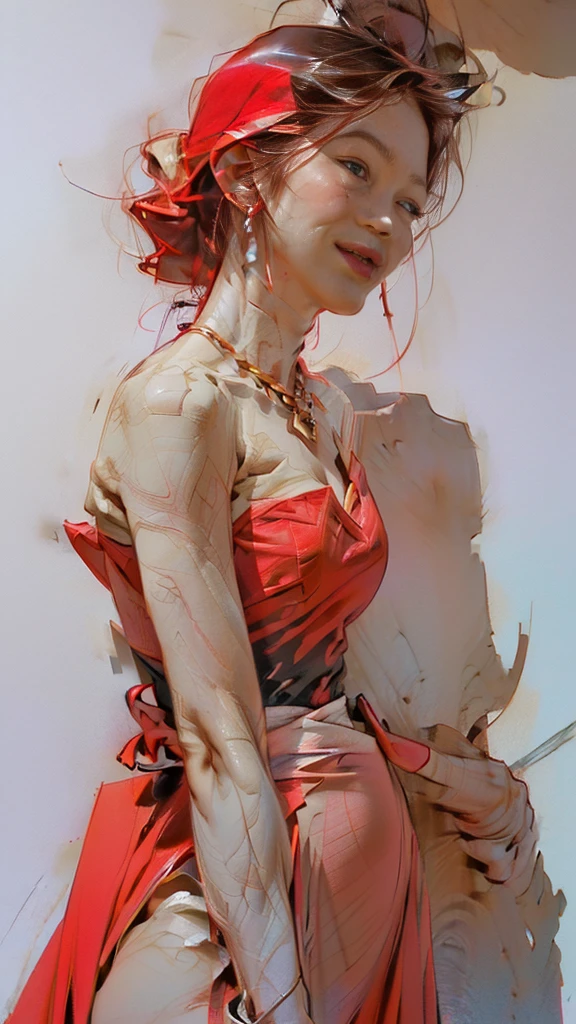 ((One 20-year-old woman)、(red transparent dress)、((Soft crimson lips)、(Straight red hair - long, flowing pigtails)、Freckles、smile、((Stylization; Clear lines、Clear strokes、high qualityの線画、shadow))_((Simple color palette)、(Color fill、Richness of color、saturation、Harmony、balance)、(pastel colour、Solid color)、(Classical - Surrealist))、(Simple and minimal accessories)、(Gold necklaces and thin rings)、(Simple Bracelet、unusual design、Simple silhouette)、(NSFW))_((background)、(Abstract Minimalism)、(Stunning Abstract Flowers - Cubism)、(Yuri、Very unusual、Long Stem - Large Stem))_ ((masterpiece、最high quality)、(Clear frame、Soft Shadows、Contrasting Light)、(Warm color range、Golden light、冷たい側面照明とのContrasting Light、Representation of volume and shape))_ ((Stylizationされたデジタル絵画)、(Soft and clear shape、Wide strokes、Attention to detail)、(Clear, elegant lines、Color fill))_((high quality、4K | Ultra HD | Full HD、Cinematic Rendering))。