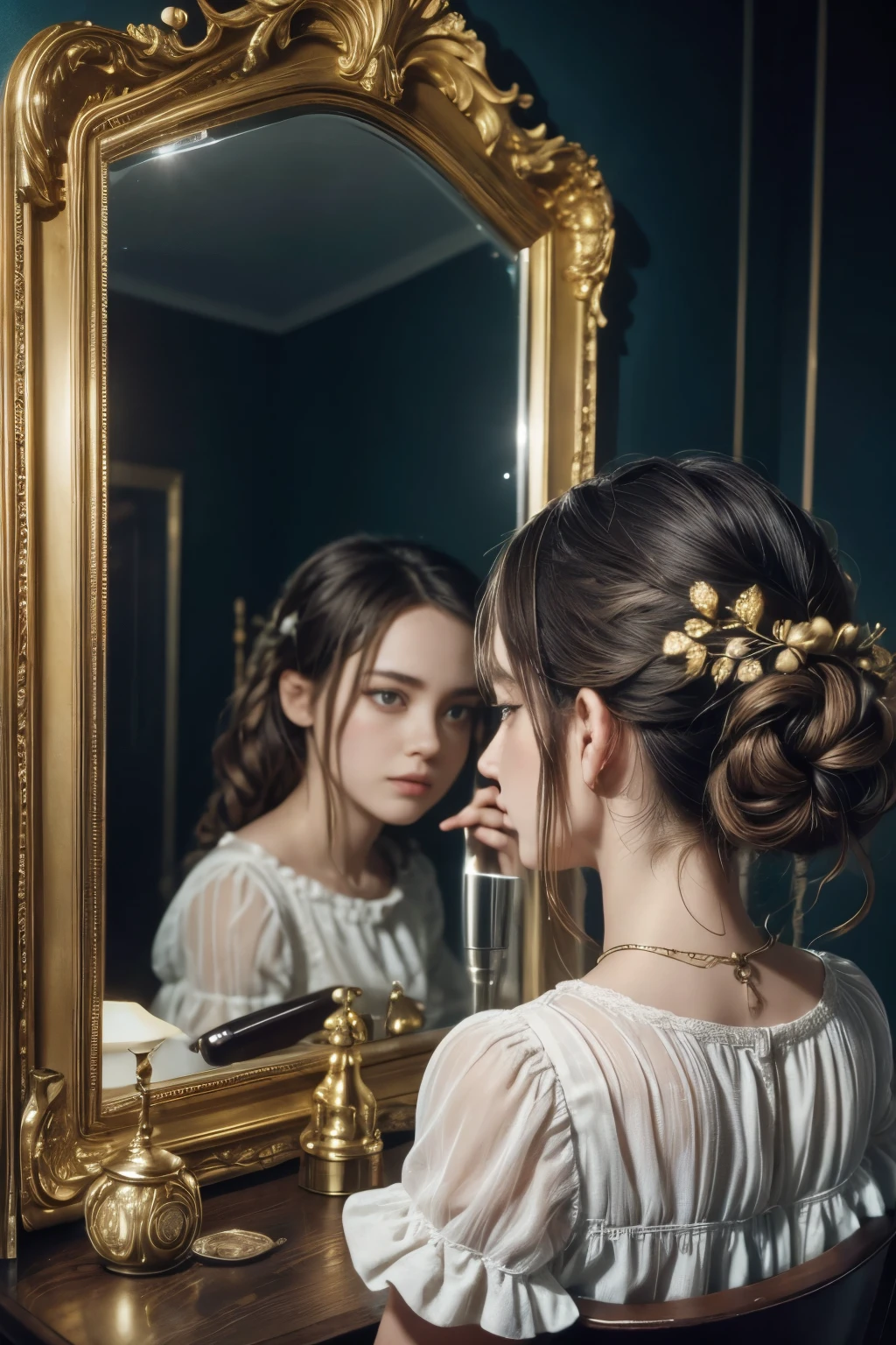 The interior of a dark room, illuminated only by a table light. Clara is in front of an antique mirror, putting on makeup. The mirror has a baroque or Victorian style frame.
detail: Focus on Clara with a close-up of her face, and then show the reflection in the mirror. The surrounding environment is slightly disordered, with typical items from an old room.