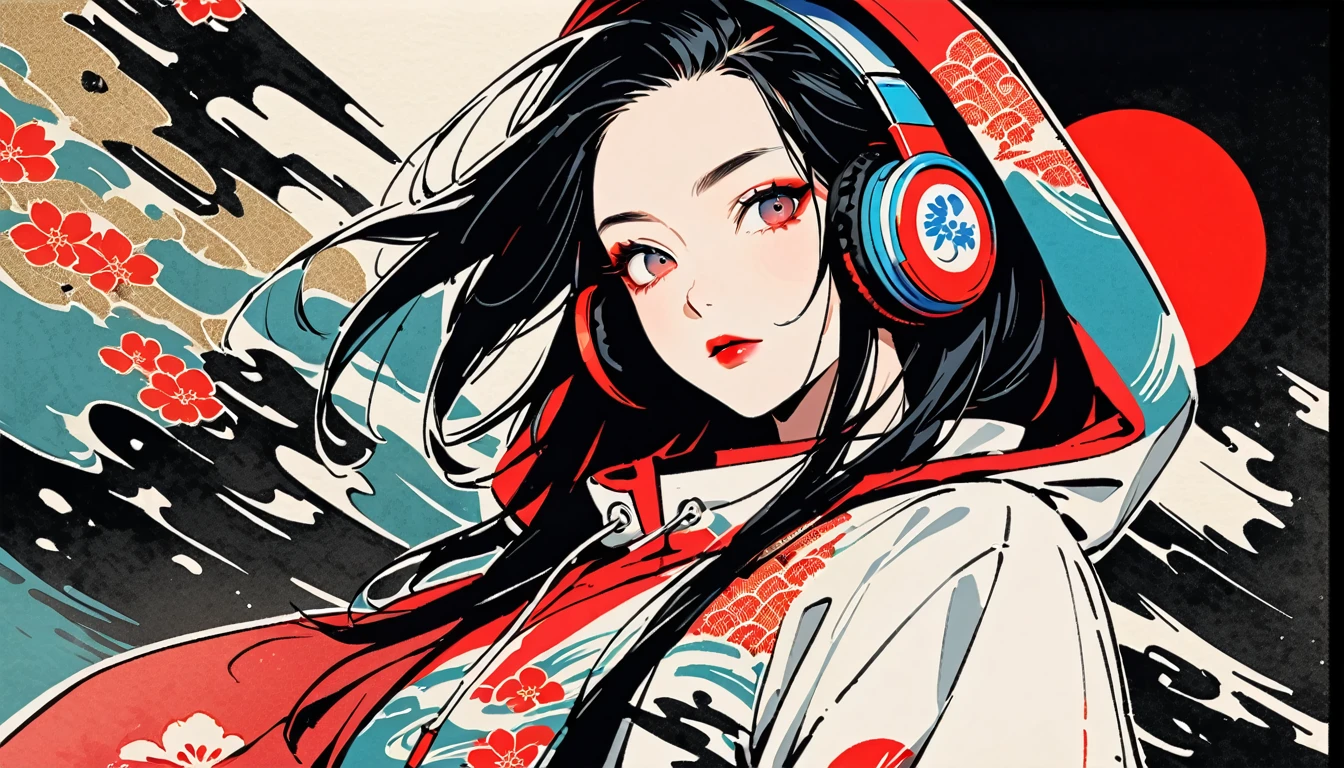 (((Ink Painting))), Fashion portrait color photos, (((from below))), (((Flashy makeup))), (((Japanese style headphones))), (((Japanese pattern hoodie))), (((Put on the hood))), Japan人の美少女, Black Hair, Delicate and precise, Modern ukiyo-e style,Japan, Japanese flag, vivid color