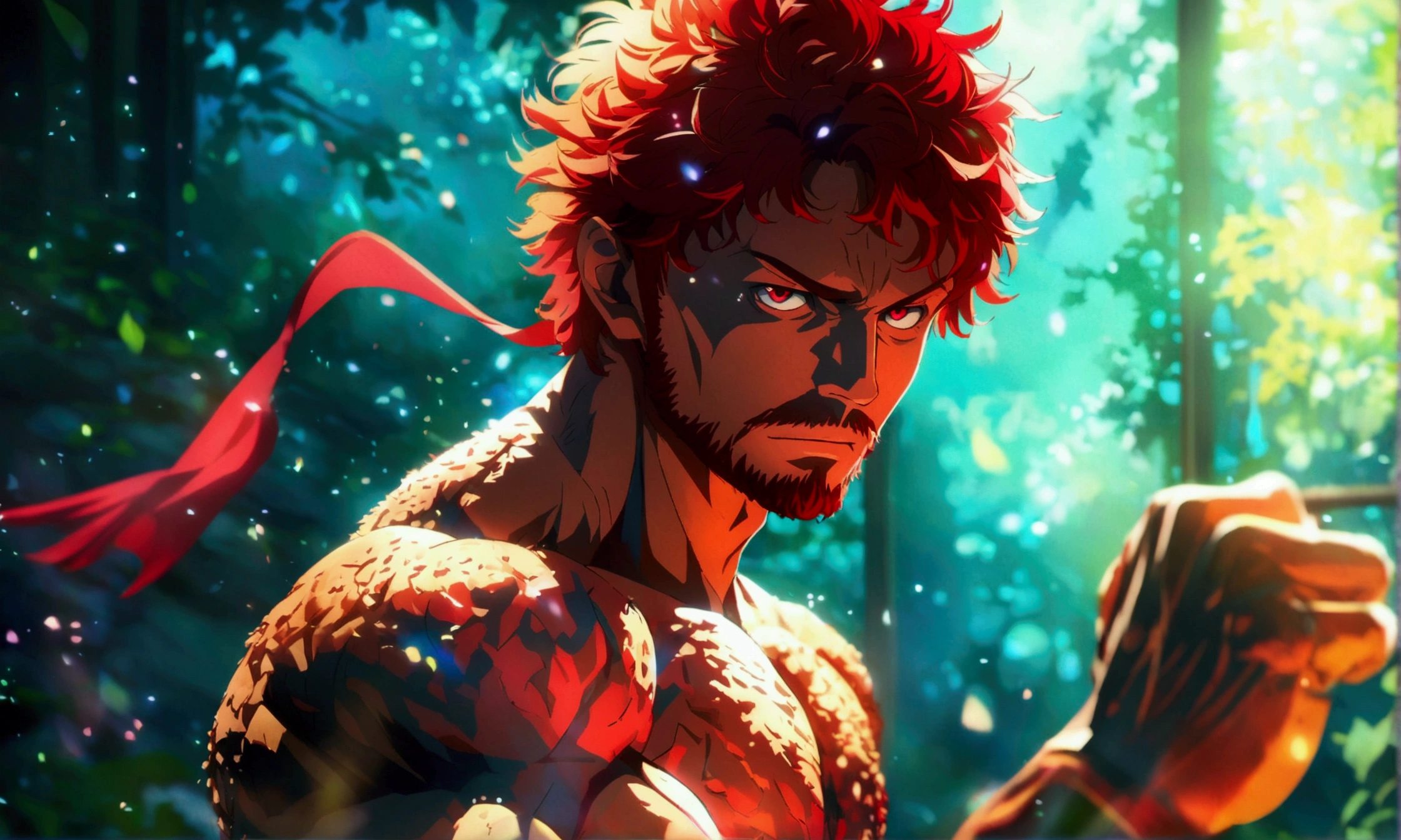 Man, short red hair, thin and muscular body, short red beard, red eyes, karate fighter uniform, serious look, "Anime character design inspired by One Piece, full of dramatic and impressive lighting, focus on the centralized character, impressive face, full of creative details, 4K ultra-fine design, scenery bathed in creativity, boasting 2D anime resolution clarity, HD anime graphics, high-octane rendering"