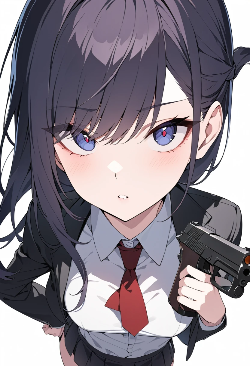 masterpiece, high resolution, beautiful woman, Korean Beauty, 20 years old, beautiful assassin, beautiful woman, white background, looking at me, high resolution face, (high resolution eyes), Hitman with a pistol , skirt, ピストルの引き金に指をかけている