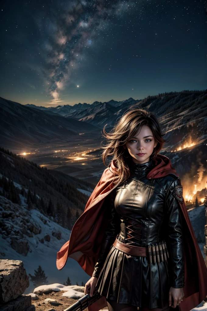 (masterpiece, best quality:1.2), cowboy shot, solo, 1girl, ruby rose, grin, looking at viewer, arms behind back, black dress, long sleeves, red cape, pantyhose, standing with crowd in city ruins on hill, overlooking valley, (crowd in military uniforms) BREAK night, stars, moon, snow, BREAK mountains in background, waterfall, vehicle wreck, , (crowd in military uniform), bonfires, post-apocalypse, dystopian future