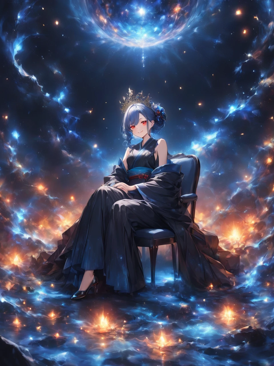 Highest quality, Highest quality, 16K, Unbelievably absurd, Very detailed, 2.5D, delicate and dynamic,Blue Flame,Blue Flameが周りにある,Blue Flameのエフェクト,Blue Flameに囲まれる,darkness,universe,Spooky Blue Star,blue Moon,hell,woman,22 years old,Elegance,Glittering kimono,Black-based kimono,Fishnet tights,Vivid decoration,Shiny Hair,Red eyes,Queen,smile,ridicule,Smoking a pipe,Sit on a chair,Crossing your legs,Reminiscent of death,Skeletons are falling