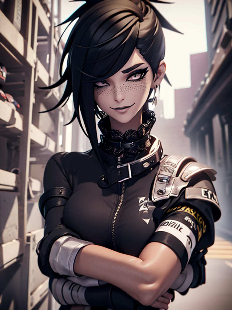 ultra detailed 8k cg, 1girl, blender, black hair, looking at viewer, portrait, goth, goth makeup, black lips, eyeliner, mascara, pale skin, black eyes, messy hair, short hair, short messy hair, fishnets, outdoors, bedhead, lace gloves, bangs, long sleeves, freckles, grin, collar, smoky eyes, eye shadow, arms crossed