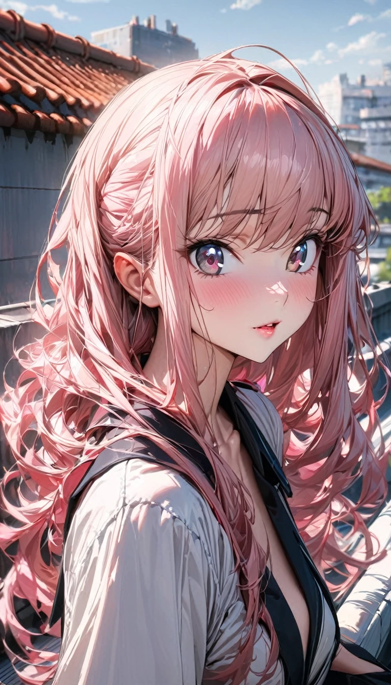 One person, woman, Ultra-high resolution, 超detailed, Highest quality, 8k,((Highest quality)), ((masterpiece)), (detailed)，Face direction(front)，Hair Color(Bright pale pink,Fine hair quality), Hairstyle(Well-organized), background(Rooftop,)，eye(きれいなeye元), clothing(high school girl)，expression(Exquisite features depicting a perfect face)，Body Type(model,Glamorous)，Perfect hands，完璧なwoman像, Dramatic Shadows, Japanese, Cute pose, Anime characters,Code Geass , 