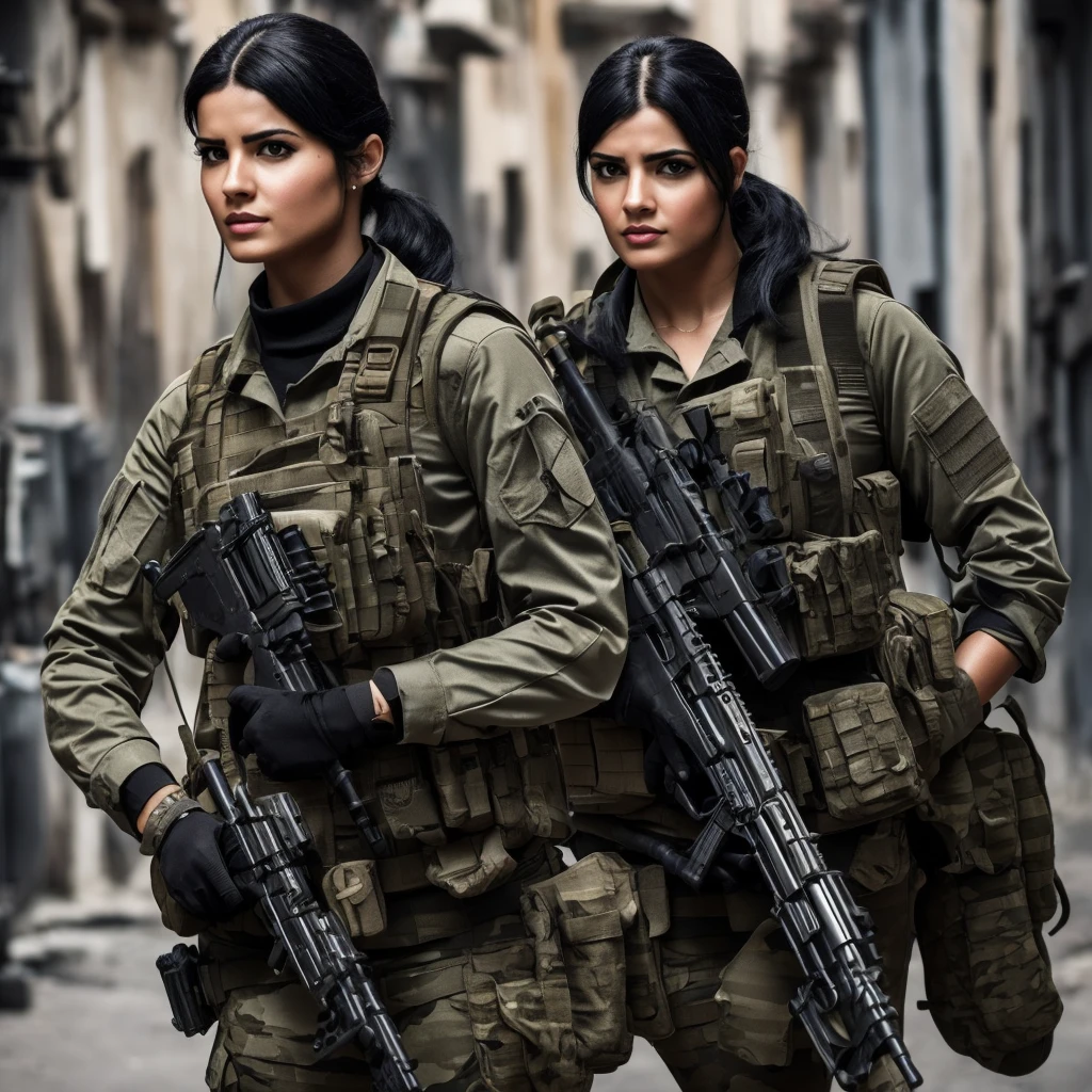 create the image, of a woman dressed as a guerrilla, estilo call of duty, with black hair, white skin, Italian nationality  With curves, with a submachine gun in his hand, pointing, focused, Soft lighting, 4k
