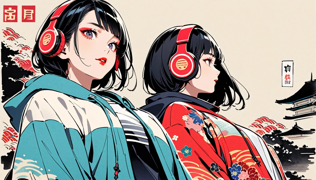 (((Ink Painting))), Fashion portrait color photos, (((from below))), (((Flashy makeup))), (((Japanese style headphones))), (((Japanese pattern hoodie))), (((Put on the hood))), Japan人の美少女, Black Hair, Delicate and precise, Modern ukiyo-e style,Japan, Japanese flag, vivid color