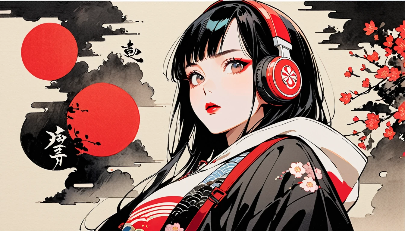 (((Ink Painting))), Fashion portrait color photos, (((from below))), (((Flashy makeup))), (((Japanese style headphones))), (((Japanese pattern hoodie))), (((Put on the hood))), Japan人の美少女, Black Hair, Delicate and precise, Modern ukiyo-e style,Japan, Japanese flag, vivid color