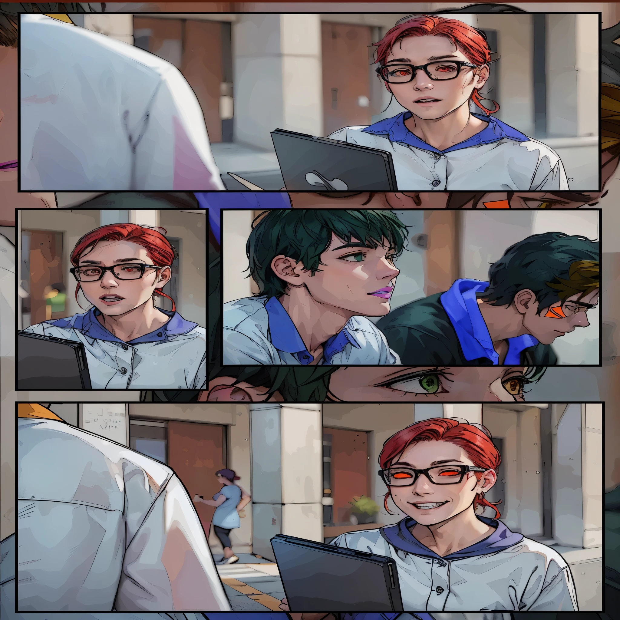 a close up of a comic strip with a man with glasses on, comic page, comic artstyle, colored manga panel, color manga panel, highly detailed exquisite fanart, realistic artstyle, detailed fanart, digital anime illustration, comic artwork, colored sketch anime manga panel, digital art. colorful comic, highschool background, comic book page, comic art style, comic digital art