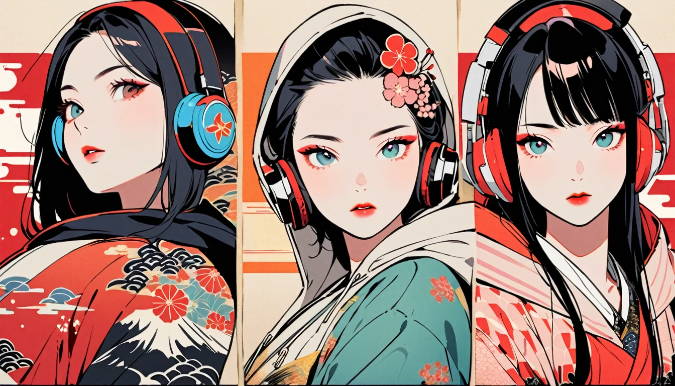 (((Ink Painting))), Fashion portrait color photos, (((from below))), (((Flashy makeup))), (((Japanese style headphones))), (((Japanese pattern hoodie))), (((Put on the hood))), Japan人の美少女, Black Hair, Delicate and precise, Modern ukiyo-e style,Japan, Japanese flag, vivid color