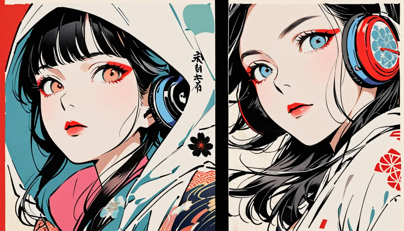 (((Ink Painting))), Fashion portrait color photos, (((from below))), (((Flashy makeup))), (((Japanese style headphones))), (((Japanese pattern hoodie))), (((Put on the hood))), Japan人の美少女, Black Hair, Delicate and precise, Modern ukiyo-e style,Japan, Japanese flag, vivid color