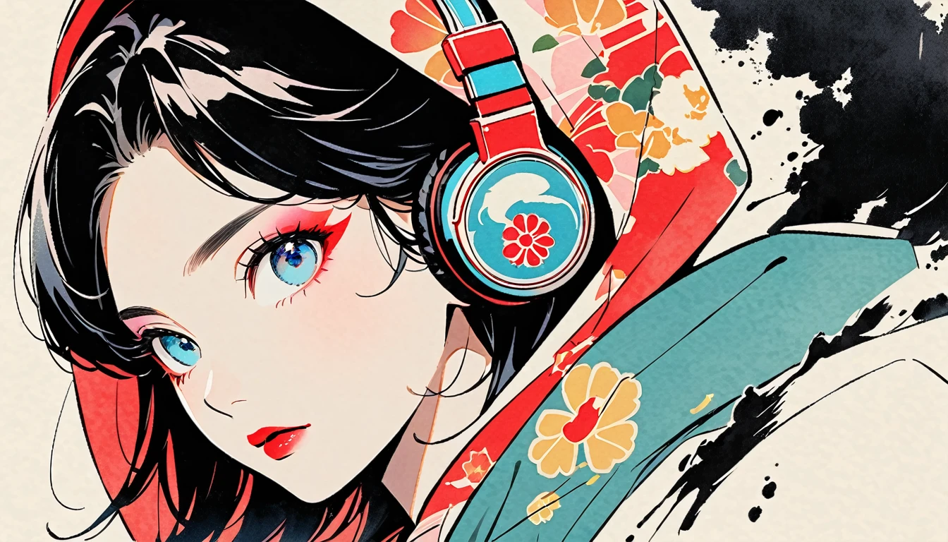 (((Ink Painting))), Fashion portrait color photos, (((from below))), (((Flashy makeup))), (((Japanese style headphones))), (((Japanese pattern hoodie))), (((Put on the hood))), Japan人の美少女, Black Hair, Delicate and precise, Modern ukiyo-e style,Japan, Japanese flag, vivid color