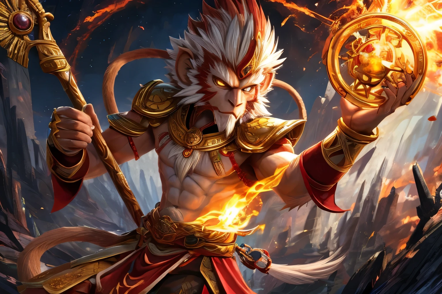 "The Monkey King Wukong, a legendary character in Chinese mythology, portrayed in an epic and visually stunning masterpiece. Capture his fierce and mischievous nature, emphasizing his iconic golden staff and mystical abilities. Show the Monkey King in a dynamic pose, exuding power and confidence. Rendered in high-resolution CG with impeccable attention to detail, creating a truly immersive and awe-inspiring artwork."