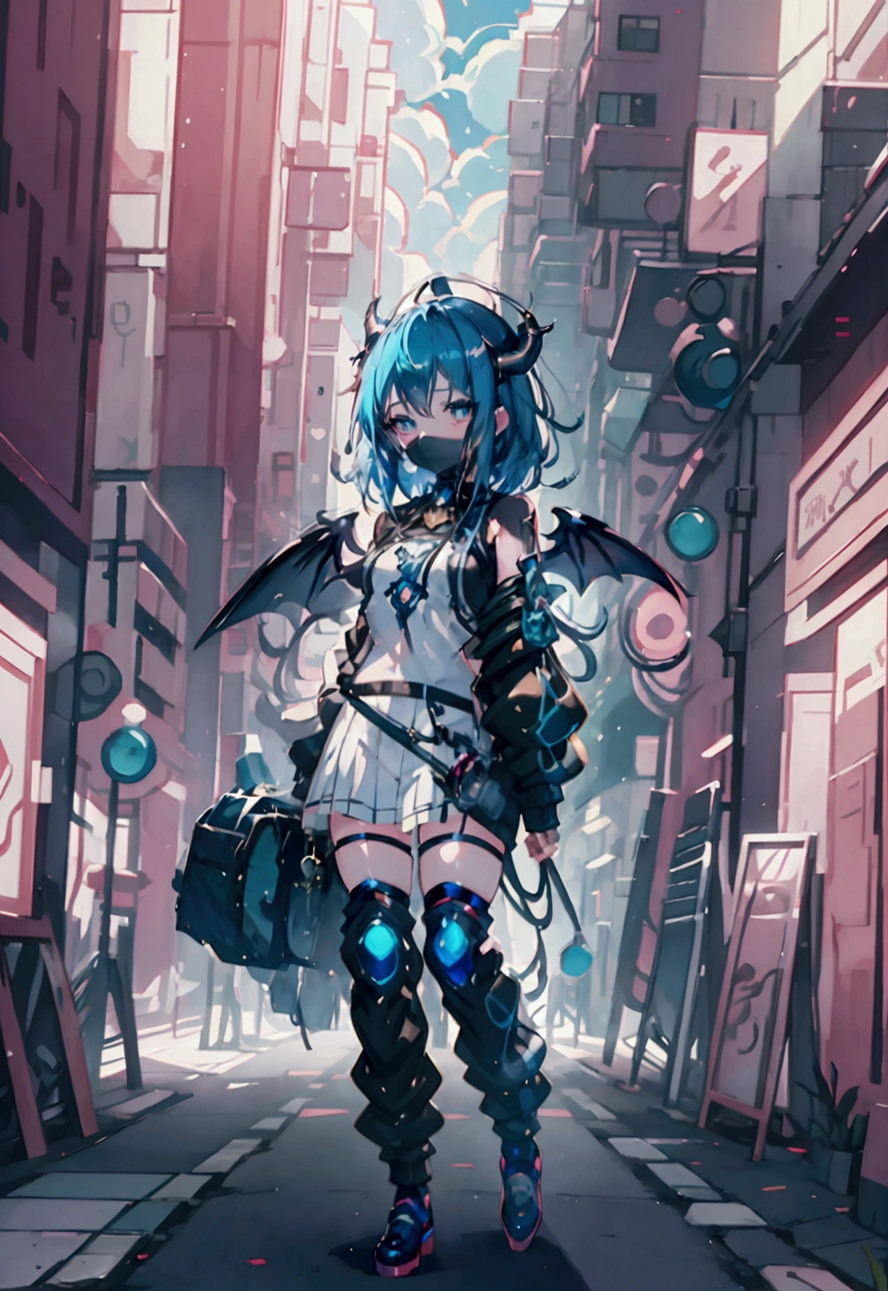 Anime girl with blue hair and horns on a street, 3D realistic anime, 2. 5 d cgi anime fantasy artwork, anime style 3d, anime style. 8k, 4k anime style, 3d style realistic anime, deviantart artstation cgscosiety, digital anime art, guweiz style art art, detailed digital anime art, white shirt, dragon wings