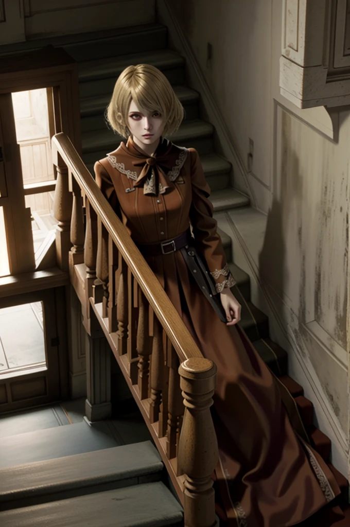 ((ultra detailed, masterpiece, best quality))
 RE4Ashley, 1girl, solo, blonde hair, On a vintage staircase, classic red dress, dramatic lighting from above, red eyes