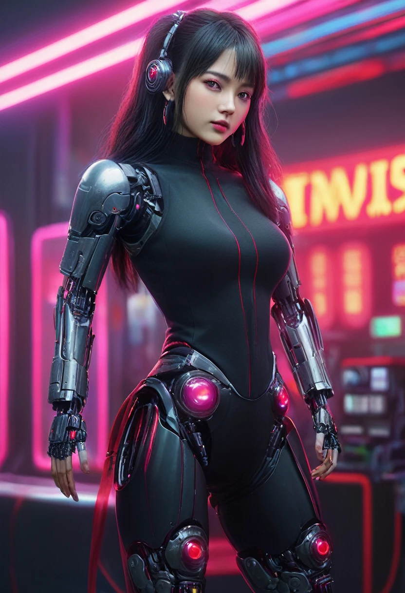 xxmixgirl. Highly detailed professional 35mm film, bokeh, face in sharp focus. A robotic female, Miku, with ((metal skin)), ((perfect Asian eyes)) with magenta irises and ((black pupils)), beautiful serious (detailed face), 18 year old ((photorealistic face)), very long magenta twin tails of magenta hair, twin black hair ties with a single red stripe. She may have a black audio headpiece. We can see her ((full body)) down to her boot soles. Her outfit is a sleeveless collared light grey shirt, outlined in red around the frilled collar and hems. Shiny reflective ((metallic breast cups, dimpleless)), invisible nipples. She wears black sleeves with red hems that start around her upper arm and bellow out as the sleeves open and extend to her wrists, with wide trumpet red rimmed cuffs. She has perfect robotic (detailed hands). She wears a red colored tie with two horizontal solid parallel black lines halfway across. She wears a fabric black skirt with a horizontal red hem at the bottom all the way around; her (((black skirt wraps around her))) and ((her skirt completely covers)) her robotic waist and thighs. Tall black boots with red bottom soles, a red rim around the top at her thighs. Her mechanical shoulder joints are visible. We can see her robotic legs and robotic neck. Half of her is covered with shiny polished machinery. The background is a distant dark neon futuristic Japanese city, gold, cyan, violet neon, near harbor or mountains.