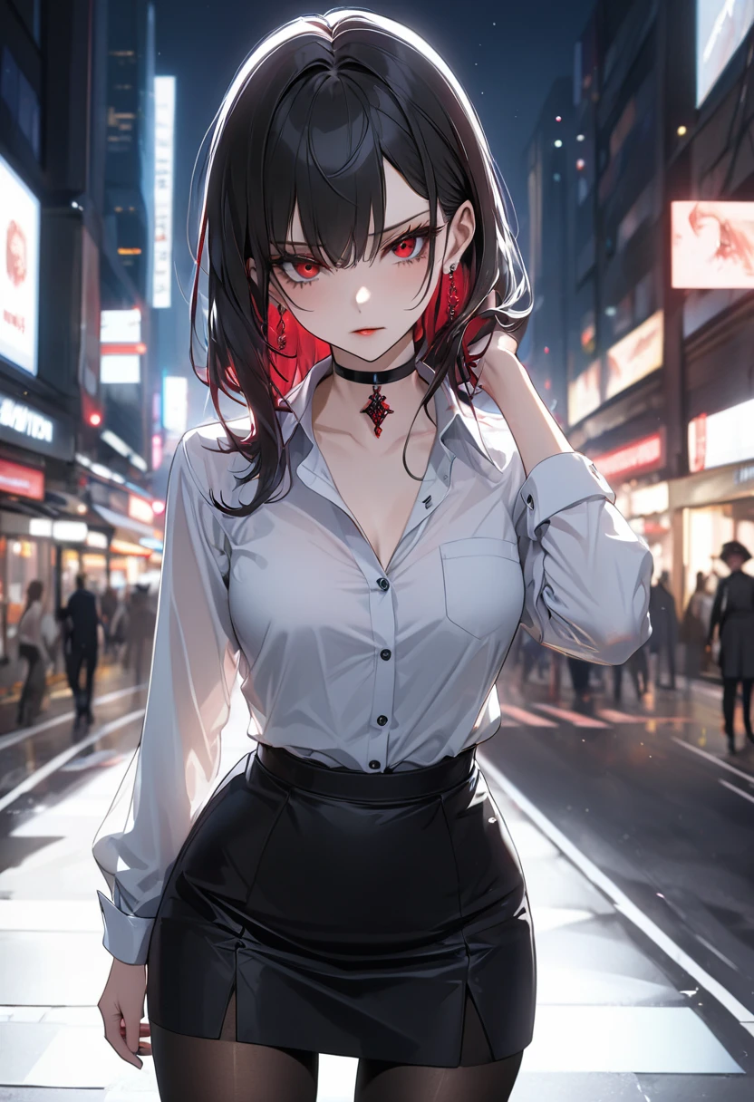 best quality, super_delicate, ultra detailed, beautiful, 8k , 1girl, red eyes, evil, business shirt, skirt, earrings, choker, black tights, night, AissistXLv2