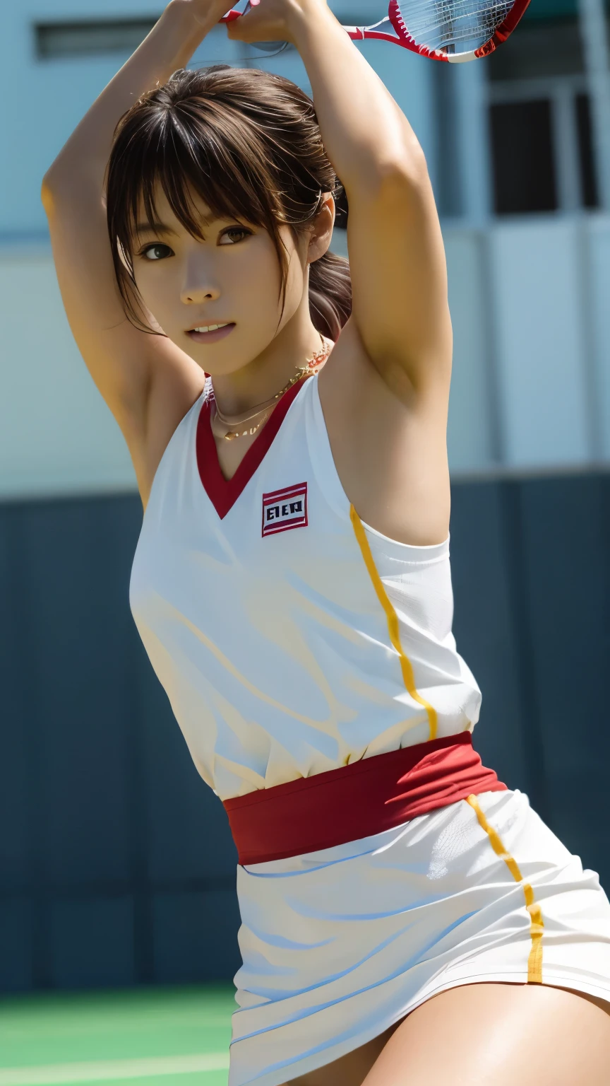 (((Perfect anatomy with careful and detailed depictions of the limbs, Consider the bending direction of the joints))),(((アクションの真髄を捉え写真撮Shadowのチャンスを逃さない))),細マッチョでMuscular,Beautiful Japanese badminton team,A match at the Olympic badminton venue, with an enthusiastic crowd roaring,Follow the shuttle with your eyes,A serious expression with a frown and teeth grinding,Low stance and smooth racket handling,(((Hold a lightweight carbon badminton racket firmly in one hand))),Serious Athlete,body幹の強い強いbody,Sharp Moves,Quick step in,(((She is wearing a necklace, a simple badminton uniform with a traditional white and red line, a V-neck sleeveless one-piece skirt, wristbands and badminton shoes, and is standing on a court with a net.))),トップビューから背景をいれて全身撮Shadow,All-in-one,Japanese Badminton Masters,Splashes of sweat,sharp reflexes,controlled breathing,Intense exercise,Energy explosion,Fierce determination,Perfect technique execution,真髄をbody現する,(((Focus on the whole body))),Like in the movies,texture,Detailed face,Detailed fingers,Natural Hand 2-3500,Analog Film Photography,Deep Photo,Deep depth of field for beautiful background blur,Ferrania P30 Film,Shadow,完璧な顔とbody,35mm Photography,(Light-reflecting particles create a watercolor-like air flow.),4K Digital SLR Camera,Film Grain,Fujifilm XT3,(Saiharu Body),(Delicate eyes and face),Professional perspective,Amazing details,Beauty condensed in one girl,高い鼻を持つBeautiful Face,Coke bottle body,Nikon D5 with F-stop set to F1.4 ISO 100 Shutter Speed 1/500,8KHighest quality,光とShadowのコントラストが印象的な写真を作成する,(masterpiece:1.5),Olympic concept art,Intricate details,Highly detailed and realistic,Octane Rendering,4K,A real sports engine,Dynamic angle of view,Highest quality,High resolution,(Realistic Face:1.1),(Splendid:1.1), ((full_body)),((Expressing the sense of dynamism emanating from the entire body)),Slim and muscular, but with a nice body and beautiful C-cup breasts,Muscular,Hard abs,括れたウエストにビッグヒップのCoke bottle body,(4K画面一杯に躍動する彼女),(Sweaty, glistening skin:1.2),(((Her silky short hair that bounces outwards is very cute))),(((Perfect hands))),(Highly detailed background),Background of a stadium full of spectators,((Beauty condensed into one girl)),((Beautiful eyes full of light,High quality eyes,High quality face)),(((The amount of sweat dripping down is dazzling))),((Dramatic beauty)),Beautiful bokeh with deep depth of field,Gothic,4K Digital SLR Camera,Fujifilm XT3 Style,(Delicate eyes and face),Professional perspective,Amazing details,Beauty condensed into one girl,Beautiful Face,Clear sky-blue eyes that praise the light, Glossy Red Lips,(((Condensing beauty from another dimension into a single photograph))),