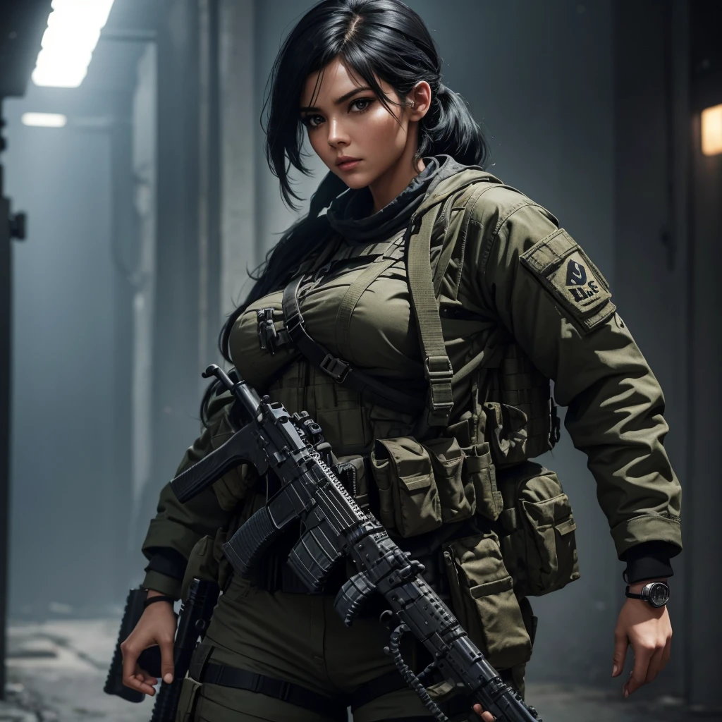 create the image, of a woman dressed as a guerrilla, estilo call of duty, with black hair, white skin, With curves, with a submachine gun in his hand, pointing, focused, Soft lighting, 4k