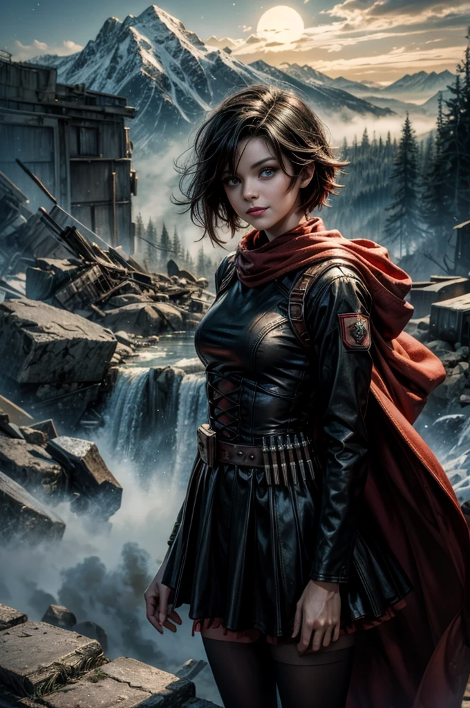 (masterpiece, best quality:1.2), cowboy shot, solo, 1girl, ruby rose, grin, looking at viewer, arms behind back, black dress, long sleeves, red cape, pantyhose, standing with crowd in city ruins on hill, overlooking valley, (crowd in military uniforms) BREAK night, stars, moon, snow, BREAK mountains in background, waterfall, vehicle wreck, , (crowd in military uniform), bonfires, post-apocalypse, dystopian future