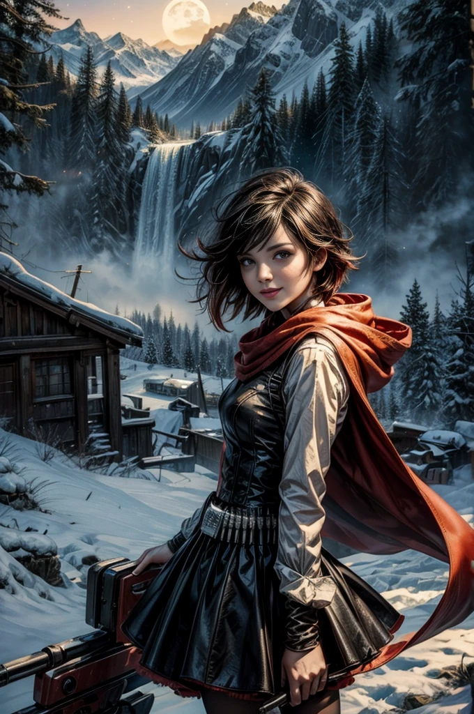 (masterpiece, best quality:1.2), cowboy shot, solo, 1girl, ruby rose, grin, looking at viewer, arms behind back, black dress, long sleeves, red cape, pantyhose, standing with crowd in city ruins on hill, overlooking valley, (crowd in military uniforms) BREAK night, stars, moon, snow, BREAK mountains in background, waterfall, vehicle wreck, , (crowd in military uniform), bonfires, post-apocalypse, dystopian future