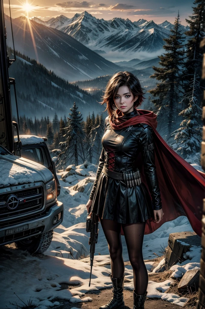 (masterpiece, best quality:1.2), cowboy shot, solo, 1girl, ruby rose, grin, looking at viewer, arms behind back, black dress, long sleeves, red cape, pantyhose, standing with crowd in city ruins on hill, overlooking valley, (crowd in military uniforms) BREAK night, stars, moon, snow, BREAK mountains in background, waterfall, vehicle wreck, , (crowd in military uniform), bonfires, post-apocalypse, dystopian future