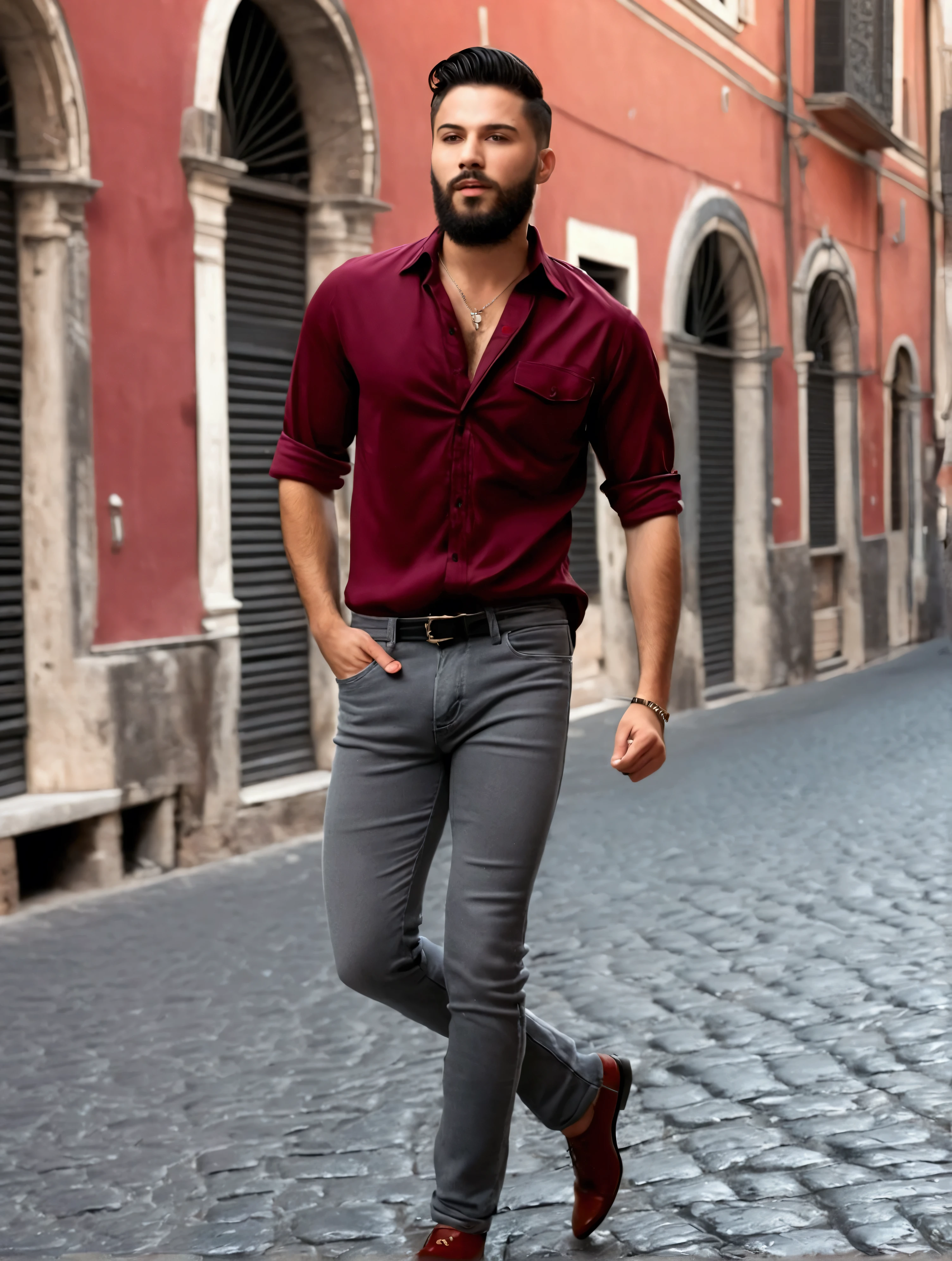 Jazz club, Realistic hd video of handsome pale white glowing skin super cut medium beard latina male model,black stylish hair, (((wearing wine shirt and Gray-red jeans ))), high quality photography ((dancing in streets of rome background))