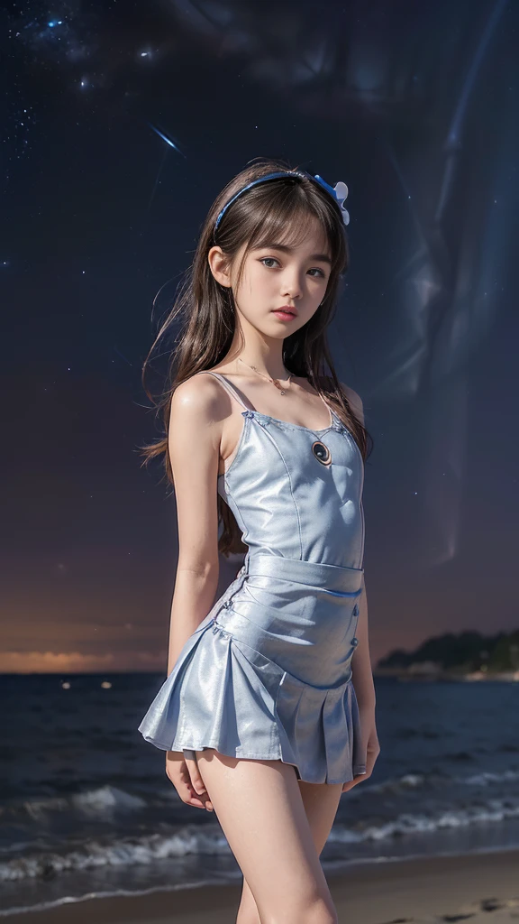 ((Standing on the beach with a beautiful starry sky:1.3)), (((girl with flat chest:1.4)))、( beautiful girl:1.3、Japanese Idol、Baby Face:1lly-motivated high school girl、Slender body line、Small and slender figure、((Wearing a lovely miniskirt dress:1.3))、(Detailed eyes and face:1.2、Professional photography techniques)、(I can't see my hands:1.2、The right move)、((Beautiful waistline、Tight waist:1.4、Slim Belly:1.2))、Thin thighs、Beautiful buttockoisturizing lips、(Beautiful eyes with attention to detail)、double eyelid、Small Nose、Cute Face、Beautiful Skin、(Correct Anatomy)、Highest quality、Highest quality、Masterpiece、Ultra high definition、(Reality:1.37)、(Gaze at the viewer:1.2、blush:1.2、Sexy look:1.2)