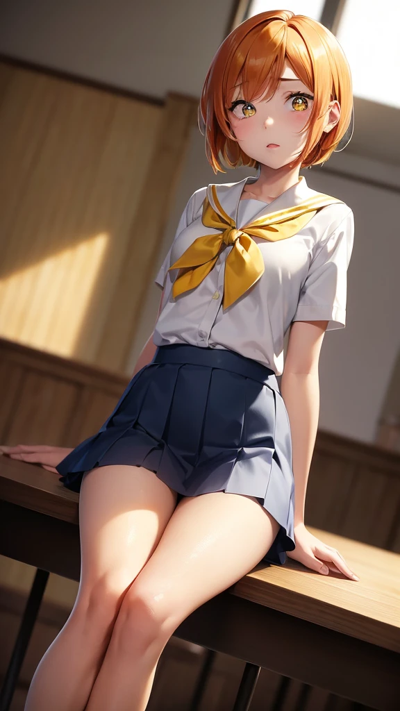 1girl, solo,  rin hoshizora, Hoshizora Rin (love live!), orange hair, (((yellow eyes))), short hair, ((otonokizaka school uniform)), (blue_bowtie), white shirt, small breasts, slim legs, sitting in classroom, from front, 、,masterpiece, realistic, highres, best quality, cinematic, dramatic lighting, (((detailed hair, face, eyes, pupils, clothes, skin))), face focus,