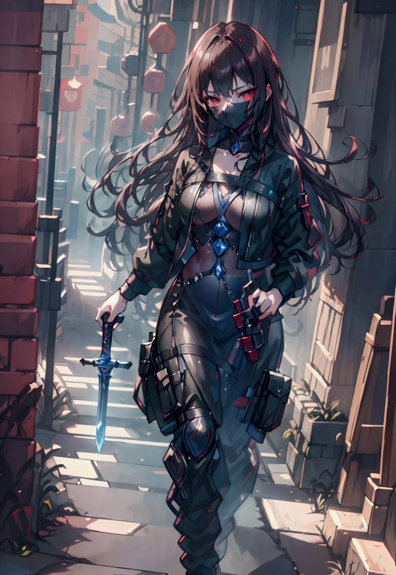 A serious-looking male with brunette hair, red eyes, holding a hand-held sword in a monster hunter style, ruffian appearance, (best quality,4k,8k,highres,masterpiece:1.2),ultra-detailed,(realistic,photorealistic,photo-realistic:1.37),extremely detailed eyes and face,longeyelashes,intricate details,cinematic lighting,dramatic shadows,fantasy,dark moody atmosphere
