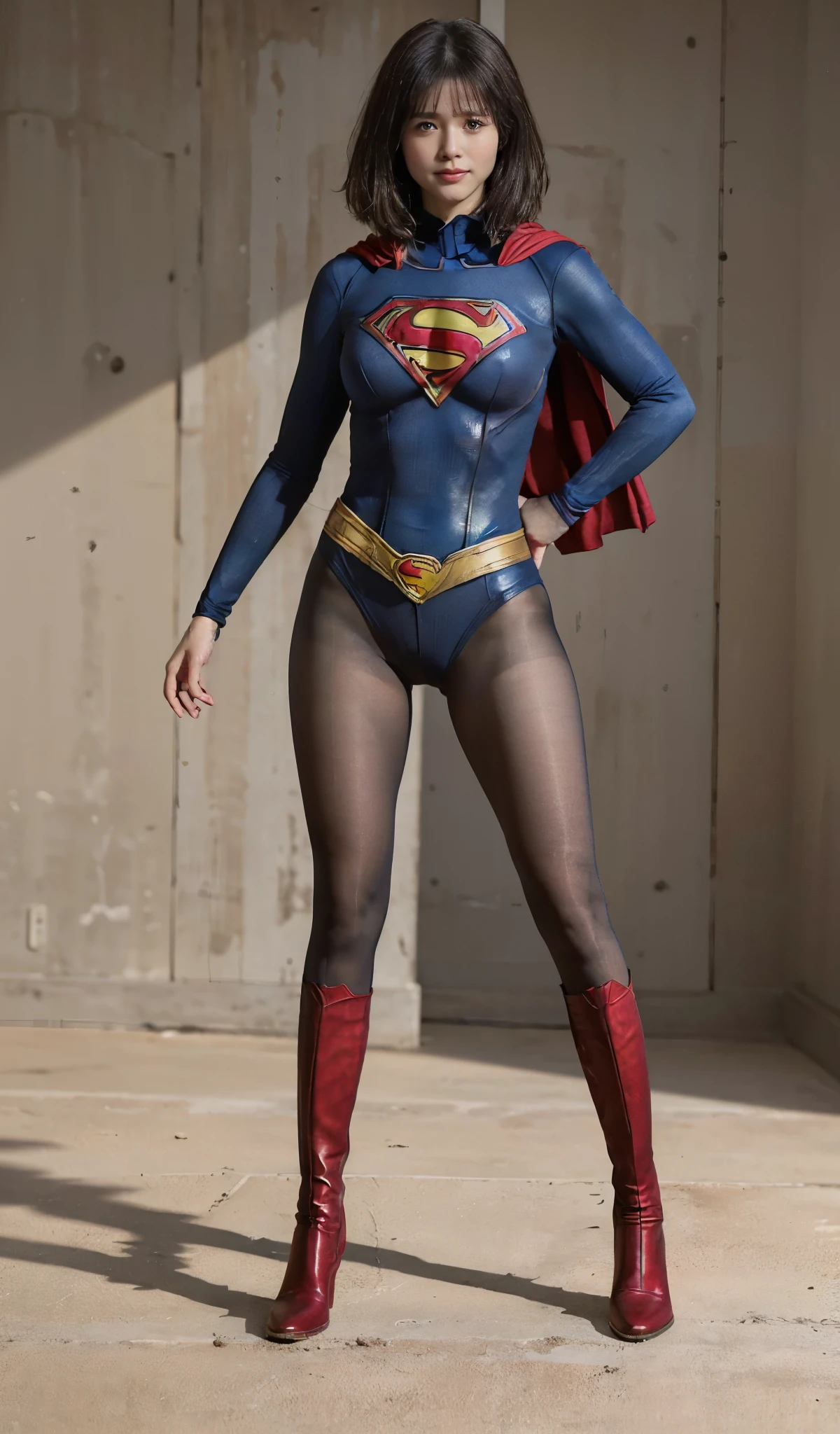 No background、She always has her mouth open、She always has a sad look on her face、Always close your eyes、(((Beautiful legs in black tights.)))、(((Stretch your legs、expensive、Showing a beautiful smile)))、((((Make the most of your original images)))、(((Supergirl Costume)))、(((Beautiful Short Hair)))、(((Suffering face)))、(((Black tights legs、Wear red boots)))、((Best image quality、8k))、((Highest quality、8k、masterpiece:1.3))、(((Preserve background )))、Sharp focus:1.2、Beautiful woman with perfect figure:1.4、Slim Abs:1.2、Wet body:1.5、Highly detailed face and skin texture、8k