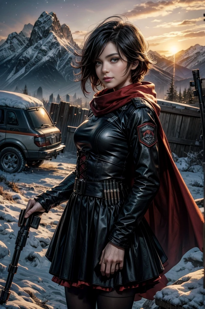 (masterpiece, best quality:1.2), cowboy shot, solo, 1girl, ruby rose, grin, looking at viewer, arms behind back, black dress, long sleeves, red cape, pantyhose, standing with crowd in city ruins on hill, overlooking valley, (crowd in military uniforms) BREAK night, stars, moon, snow, BREAK mountains in background, waterfall, vehicle wreck, , (crowd in military uniform), bonfires, post-apocalypse, dystopian future