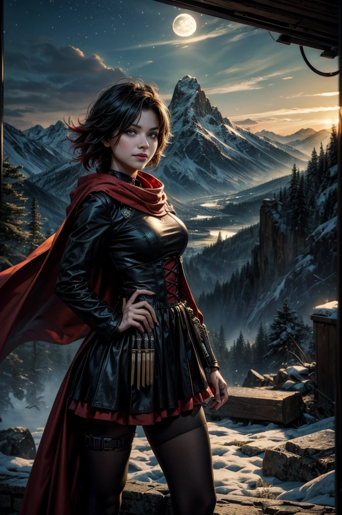 (masterpiece, best quality:1.2), cowboy shot, solo, 1girl, ruby rose, grin, looking at viewer, arms behind back, black dress, long sleeves, red cape, pantyhose, standing with crowd in city ruins on hill, overlooking valley, (crowd in military uniforms) BREAK night, stars, moon, snow, BREAK mountains in background, waterfall, vehicle wreck, , (crowd in military uniform), bonfires, post-apocalypse, dystopian future