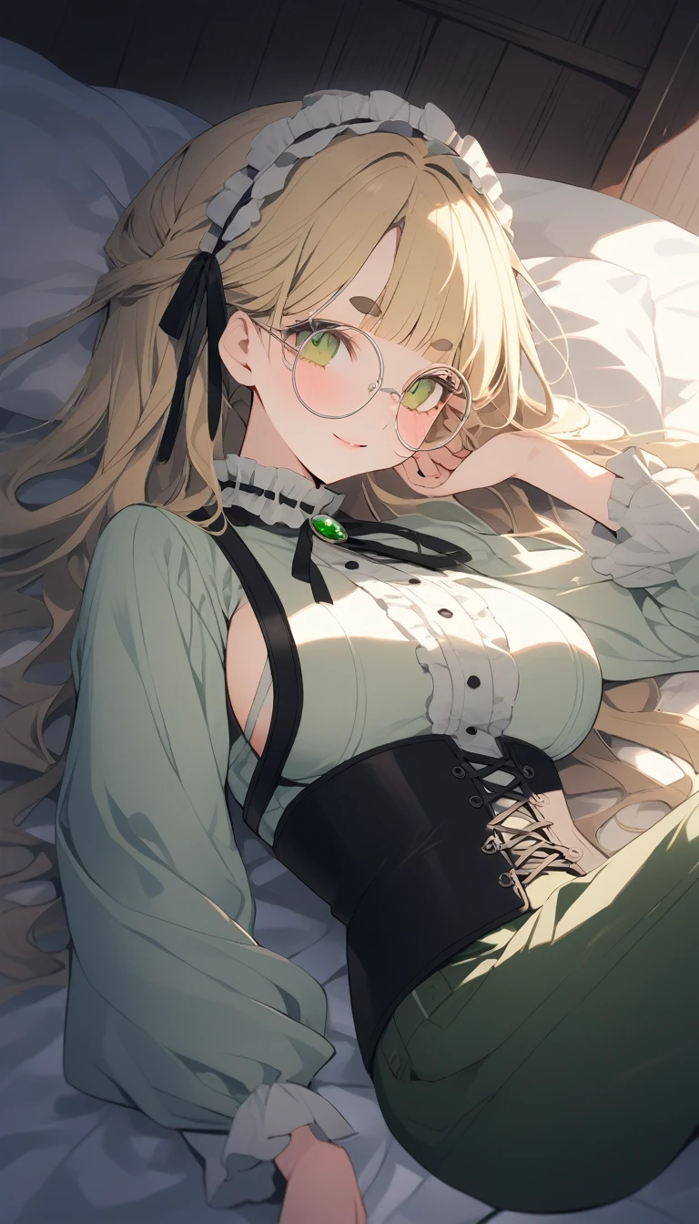 pastel color, Girl with blonde and short bangs, Lying in bed, side boob,The girl closes her mouth and smiles,Delicate Makeup,Moss Green Gothic,white long sleeved blouse,A large long ribbon of moss green with jewels on her neck,Wear a corset with suspenders over borderline shorts,big breasts,Thick eyebrows, round glasses, housekeeper working in a retro Showa-era Western-style building, headdress
