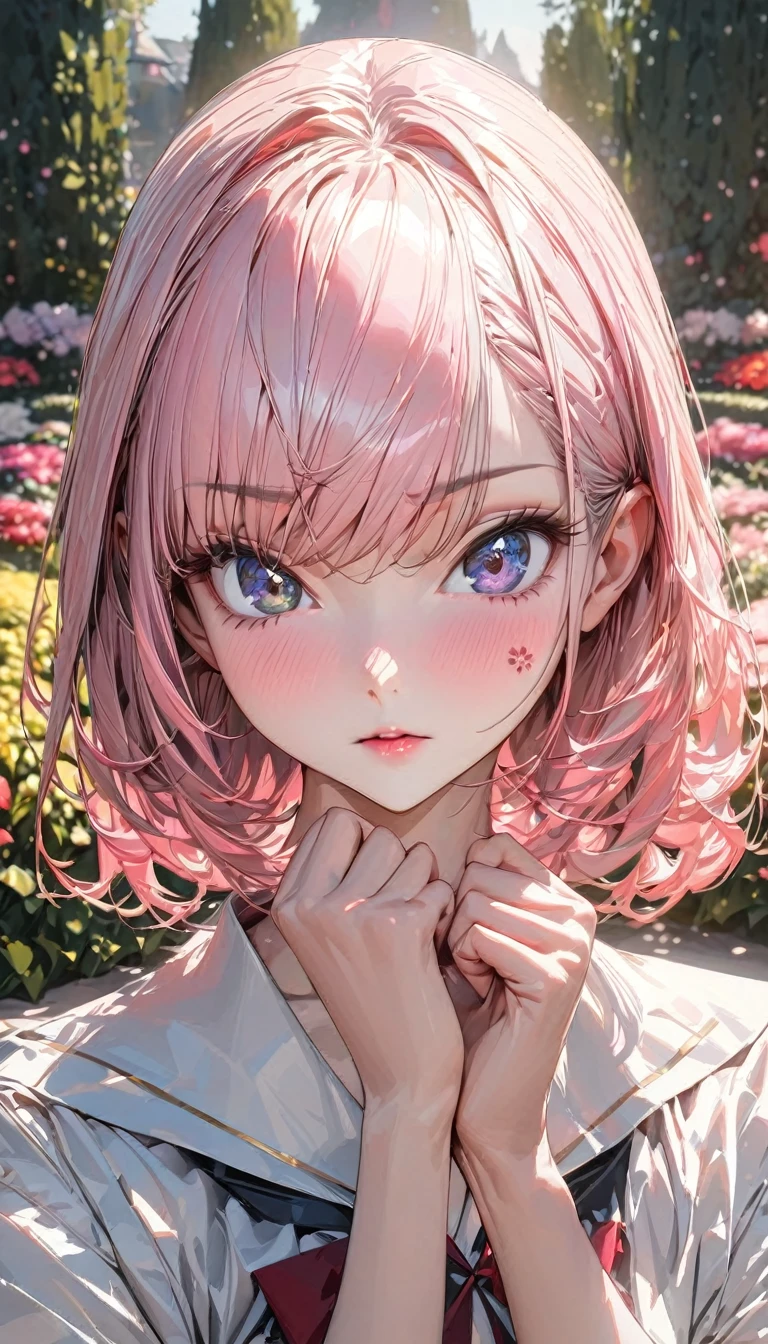 One person, woman, Ultra-high resolution, 超detailed, Highest quality, 8k,((Highest quality)), ((masterpiece)), (detailed)，Face direction(front)，Hair Color(Bright pale pink,Fine hair quality), Hairstyle(Well-organized), background(garden,)，eye(きれいなeye元), clothing(high school girl)，expression(Exquisite features depicting a perfect face)，Body Type(model,Glamorous)，Perfect hands，完璧なwoman像, Dramatic Shadows, Japanese, Cute pose, Anime characters,Code Geass , 