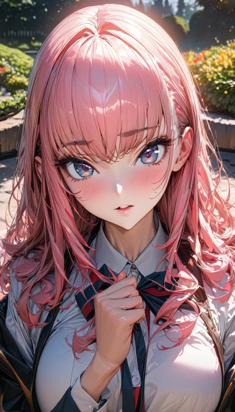 One person, woman, Ultra-high resolution, 超detailed, Highest quality, 8k,((Highest quality)), ((masterpiece)), (detailed)，Face direction(front)，Hair Color(Bright pale pink,Fine hair quality), Hairstyle(Well-organized), background(garden,)，eye(きれいなeye元), clothing(high school girl)，expression(Exquisite features depicting a perfect face)，Body Type(model,Glamorous)，Perfect hands，完璧なwoman像, Dramatic Shadows, Japanese, Cute pose, Anime characters,Code Geass , 