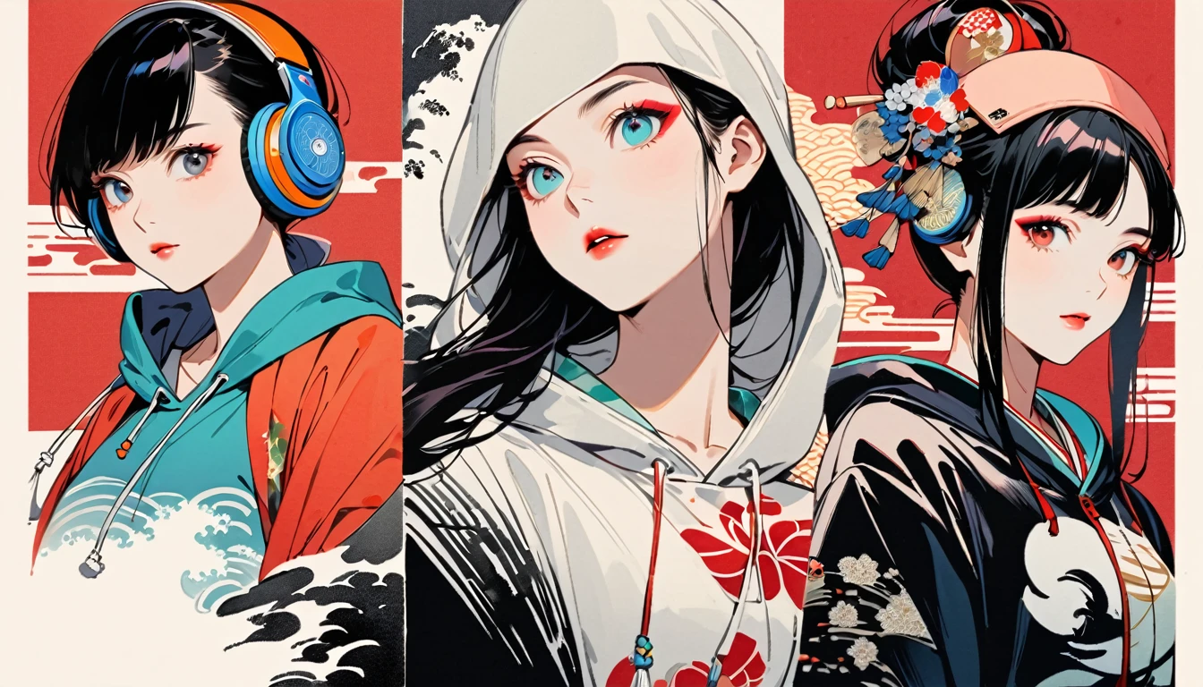 (((Ink Painting))), Fashion portrait color photos, (((from below))), (((Flashy makeup))), (((Japanese style headphones))), (((Japanese pattern hoodie))), (((Put on the hood))), Japan人の美少女, Black Hair, Delicate and precise, Modern ukiyo-e style,Japan, Japanese flag, vivid color