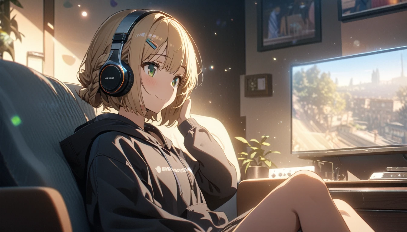 one girl, blonde short hair and bob hair、a braid, I tied my hair in a bun with a hair clip..、smile、beautiful green eyes, gentle smile on her face、flat chest, one Beautiful girl,((masterpiece, illustration, best quality) ((ultra-detailed)), sitting, listening to music, One woman, wearing headphones, wearing a hoodie in living room, 濃い青とBeautiful Blueのグラデーション, High resolution, 8K HD detail, hyper-detail, cinematic, surrealism, soft light, deep field focus bokeh, ray tracing and surrealism. --v6