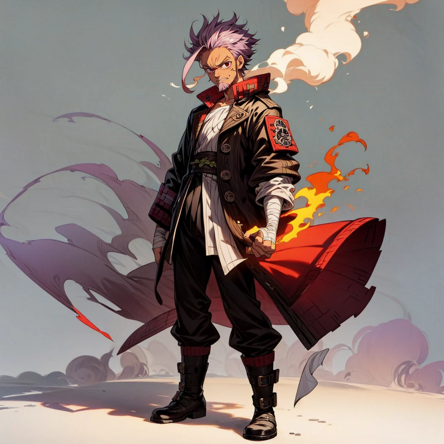 Solo character, full body version, aged man, long chin beard, violet color hair, red eyes, short hairstyle, punk outfits male, bandage, boots, white simple background, shadow, standing gesture, smoke effect, fire effect, (one piece style art, His face looks like zoro)