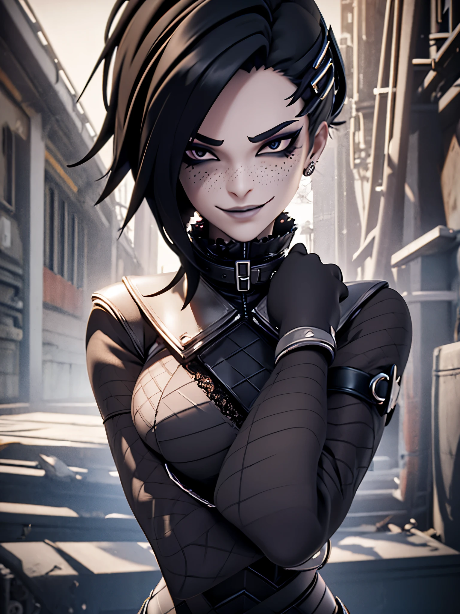 ultra detailed 8k cg, 1girl, blender, black hair, looking at viewer, portrait, goth, goth makeup, black lips, eyeliner, mascara, pale skin, black eyes, messy hair, short hair, short messy hair, fishnets, outdoors, bedhead, lace gloves, bangs, long sleeves, freckles, grin, collar, smoky eyes, eye shadow, arms crossed, hair pin