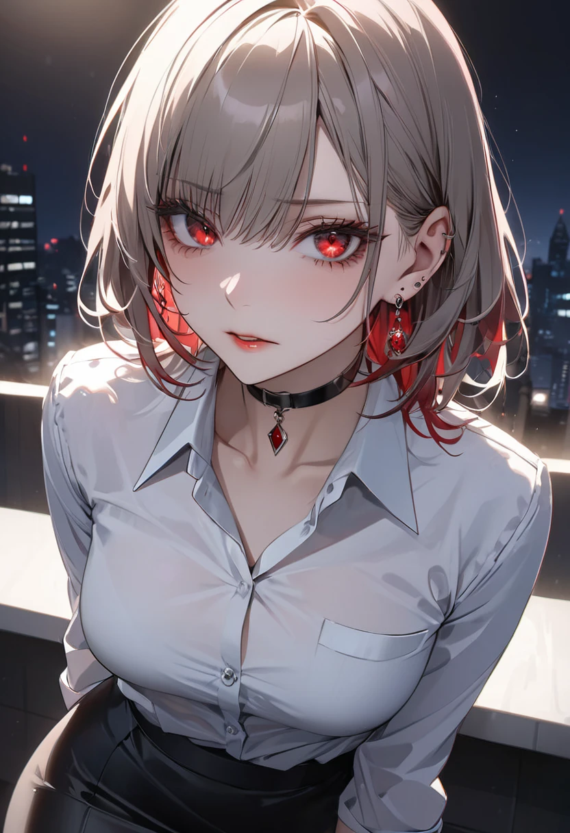 best quality, super_delicate, ultra detailed, beautiful, 8k , 1girl, red eyes, evil, business shirt, skirt, earrings, choker, black tights, night, AissistXLv2
