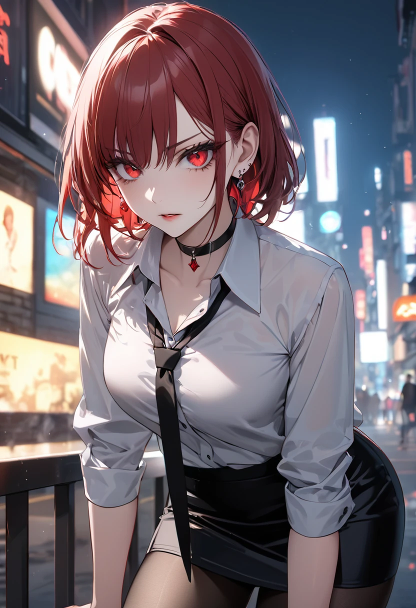 best quality, super_delicate, ultra detailed, beautiful, 8k , 1girl, red eyes, evil, business shirt, skirt, earrings, choker, black tights, night, AissistXLv2