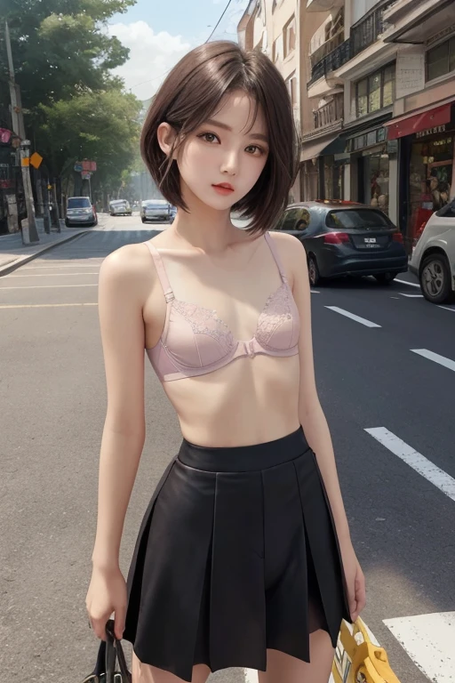 gal girl,single,the best quality,upper  body,beatiful,pretty,radiantly,short bob hair,tight skirt,Flat Chest,Small waist,Are thin,Small Ass,Thin thighs and legs,Cuteness at its best,A beautiful girl,Prostitute,Waiting for customers on a street corner, vivid colors,Real-life image quality,High pixel,Real person facial expression,Pale pink underwear,Thin string-shaped underwear,Thin cotton underwear,Beautiful nipples,Very small ,Realistic facial expressions,Strong-willed eyes,