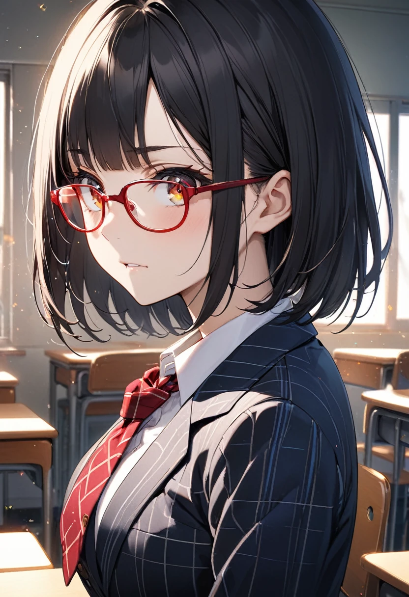 (Beautiful 18 year old Japanese woman), Cute Face, blazer,Ribbon tie,Checkered Skirt, Red glasses,(Deeply chiseled face:0.7), (freckles:0.6), Soft Light,Healthy white skin, Black Hair,Bobcut, (Serious face), (Sparkling eyes), thin, Upper Body, Very large breasts,from side,classroom