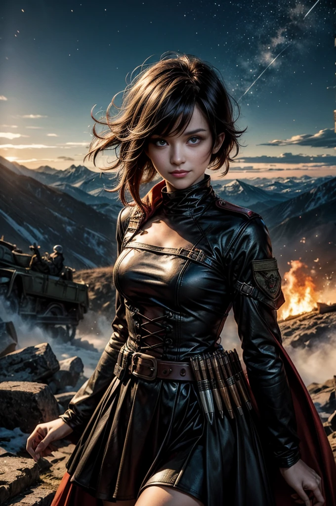 (masterpiece, best quality:1.2), cowboy shot, solo, 1girl, ruby rose, grin, looking at viewer, arms behind back, black dress, long sleeves, red cape, pantyhose, standing with crowd in city ruins on hill, overlooking valley, (crowd in military uniforms) BREAK night, stars, moon, snow, BREAK mountains in background, waterfall, vehicle wreck, , (crowd in military uniform), bonfires, post-apocalypse, dystopian future