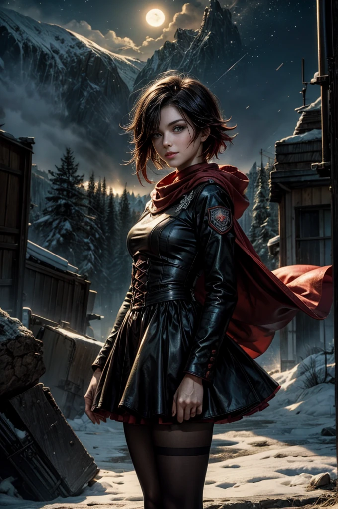 (masterpiece, best quality:1.2), cowboy shot, solo, 1girl, ruby rose, grin, looking at viewer, arms behind back, black dress, long sleeves, red cape, pantyhose, standing with crowd in city ruins on hill, overlooking valley, (crowd in military uniforms) BREAK night, stars, moon, snow, BREAK mountains in background, waterfall, vehicle wreck, , (crowd in military uniform), bonfires, post-apocalypse, dystopian future