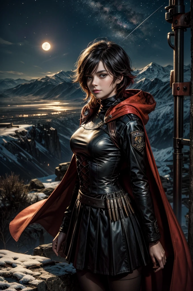 (masterpiece, best quality:1.2), cowboy shot, solo, 1girl, ruby rose, grin, looking at viewer, arms behind back, black dress, long sleeves, red cape, pantyhose, standing with crowd in city ruins on hill, overlooking valley, (crowd in military uniforms) BREAK night, stars, moon, snow, BREAK mountains in background, waterfall, vehicle wreck, , (crowd in military uniform), bonfires, post-apocalypse, dystopian future