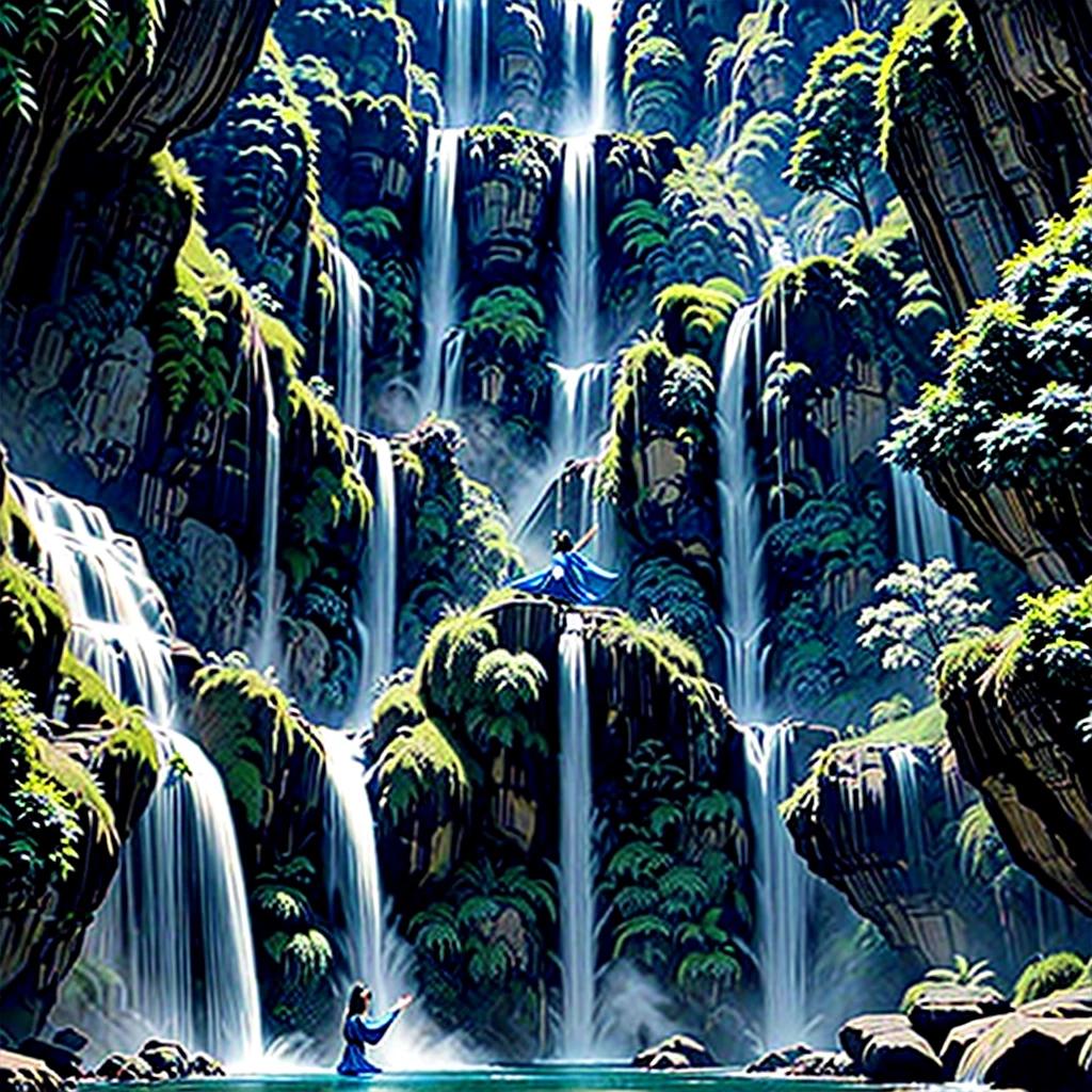 Beautiful south east asian goddess wearing blue ancient robe flying down near a waterfall