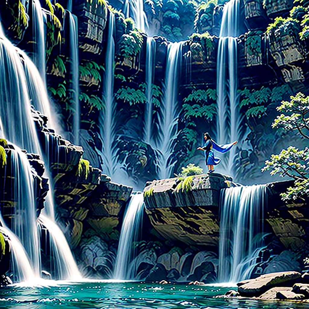 Beautiful south east asian goddess wearing blue ancient robe flying down near a waterfall